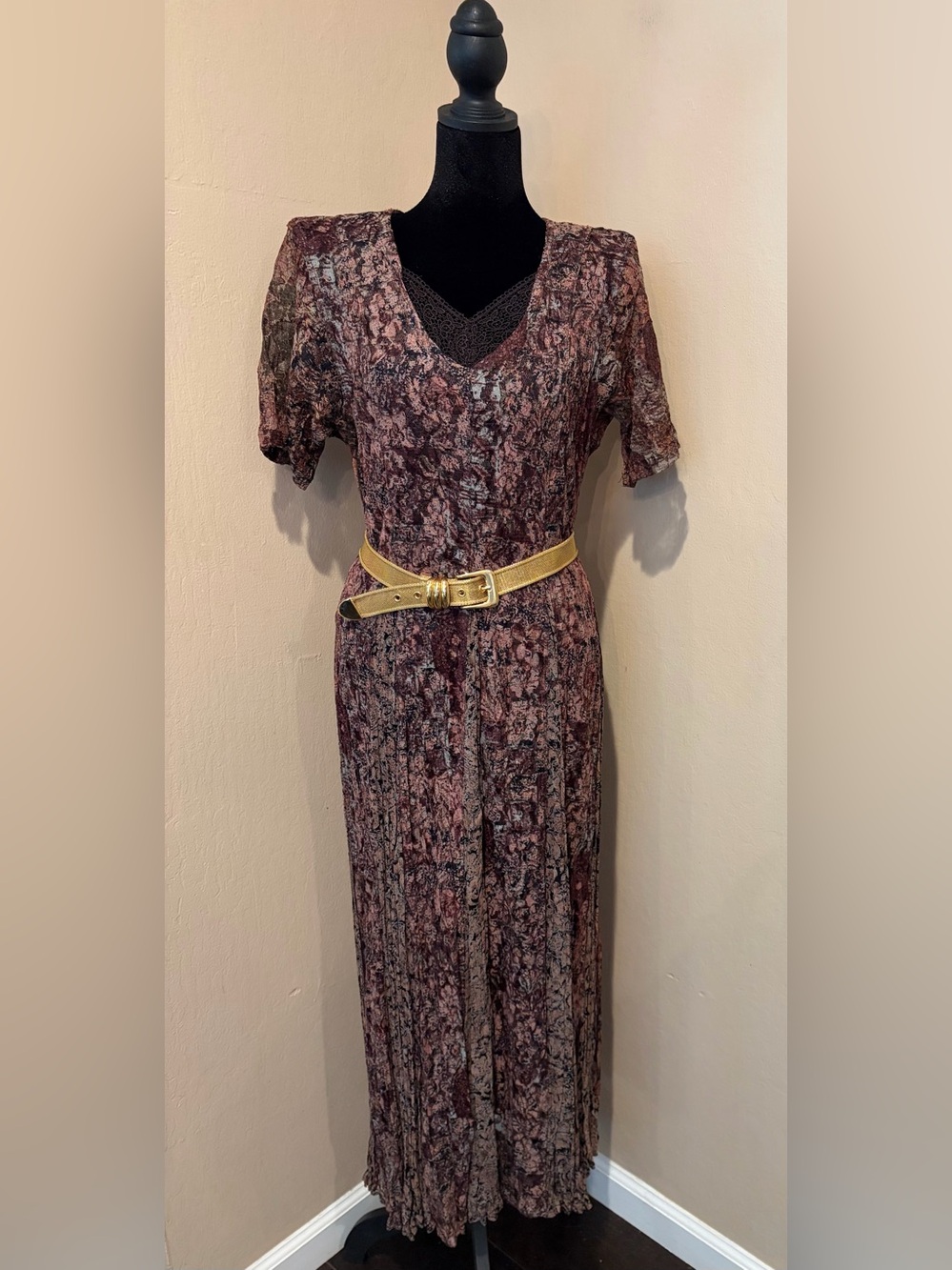 90s Office Mom Boho Mesh & Lace Maxi Dress w/ Padded Shoulders and Slim Waist - Picture 8 of 10